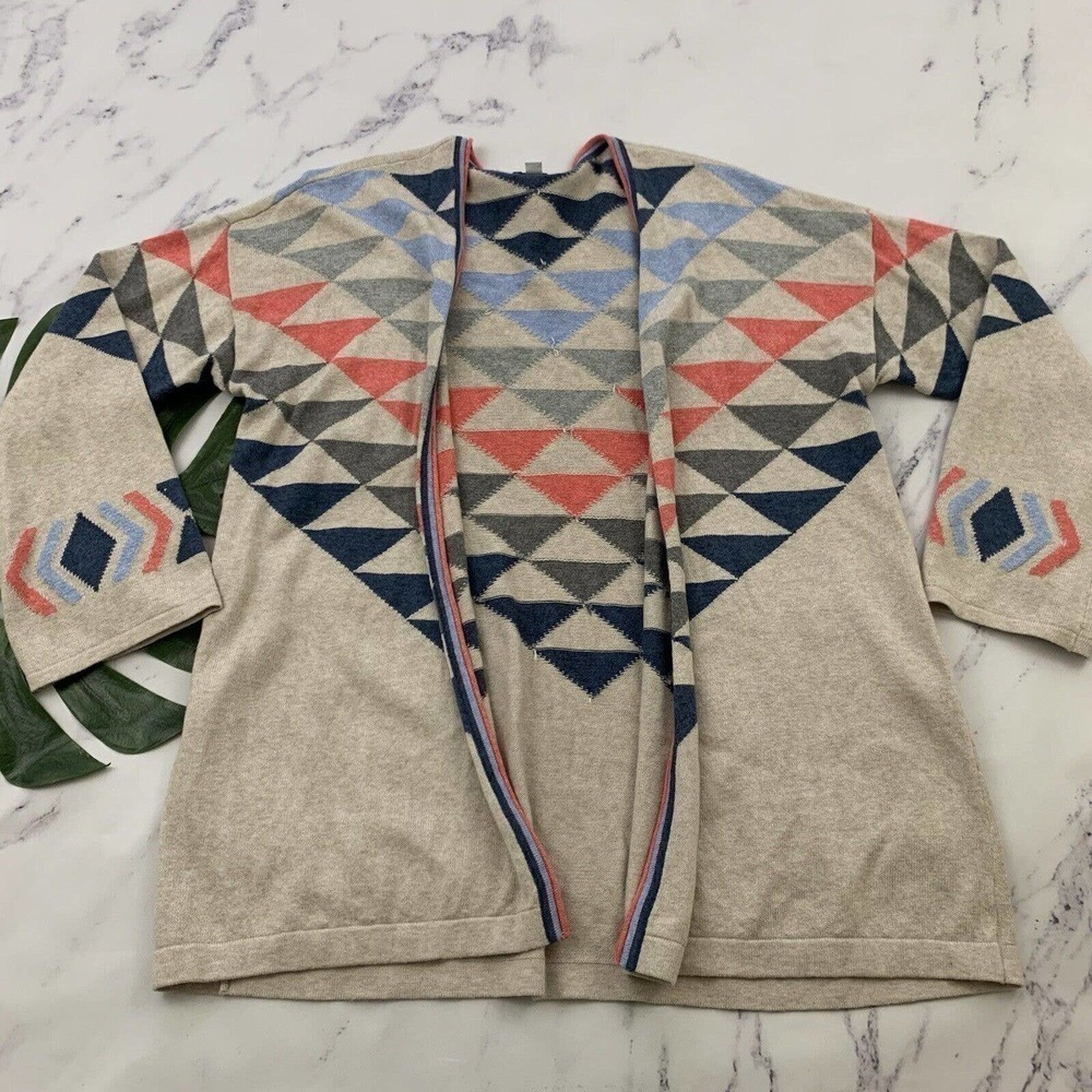 J Jill Cardigan Sweater Size L Gray Blue Open Front Geometric Knit Triangles